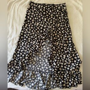 Shein Floral Print Split Thigh Fuffle Edge Large Maxi Skirt